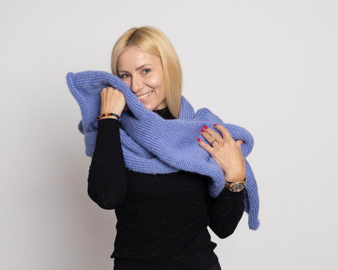 Blue Mohair Scarf – Hand Knitted Fluffy Long Wrap Shawl T1526