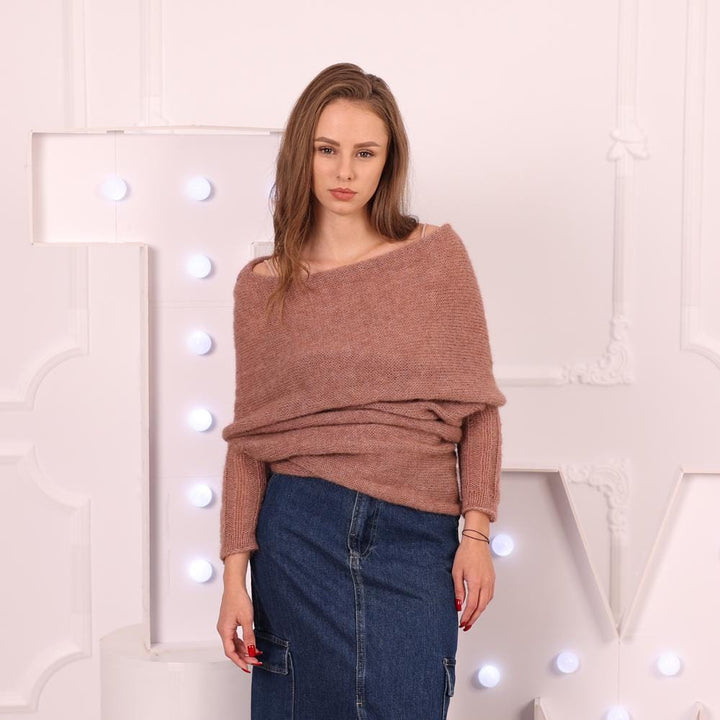 Superfine Alpaca Wrap Sweater – Hand Knitted Convertible Scarf Top with Sleeves T2029
