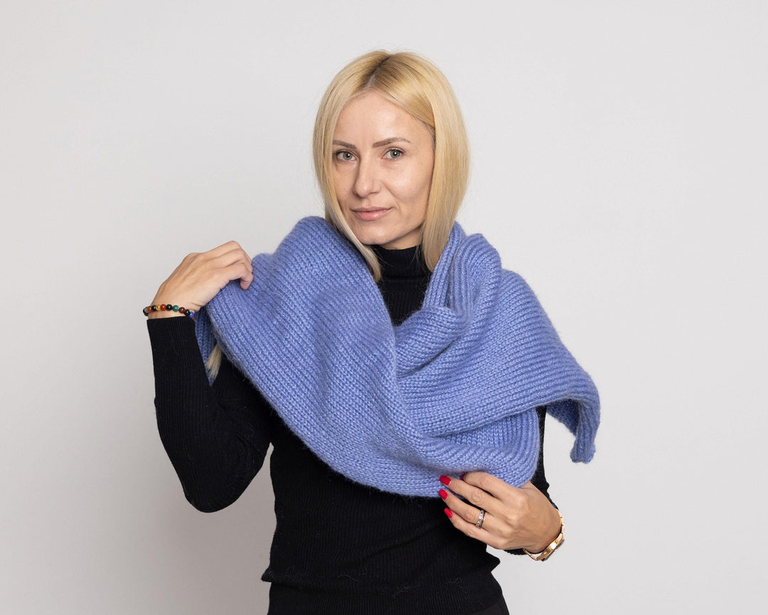 Blue Mohair Scarf – Hand Knitted Fluffy Long Wrap Shawl T1526