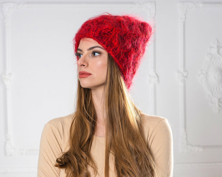 Red Melange Mohair Hat – Hand Knitted 4-Strand Cable Knit Fluffy Beanie T1003