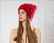 Bonnet en Mohair Rouge Chiné – Tricoté Main, Maille Côtelée 4 Brins, Bonbon Flottant T1003