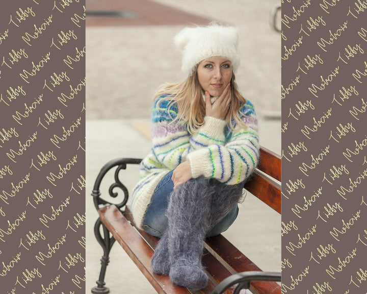 Cream Mohair Hat – Hand Knitted Fluffy Slouchy Beanie Balaclava T490