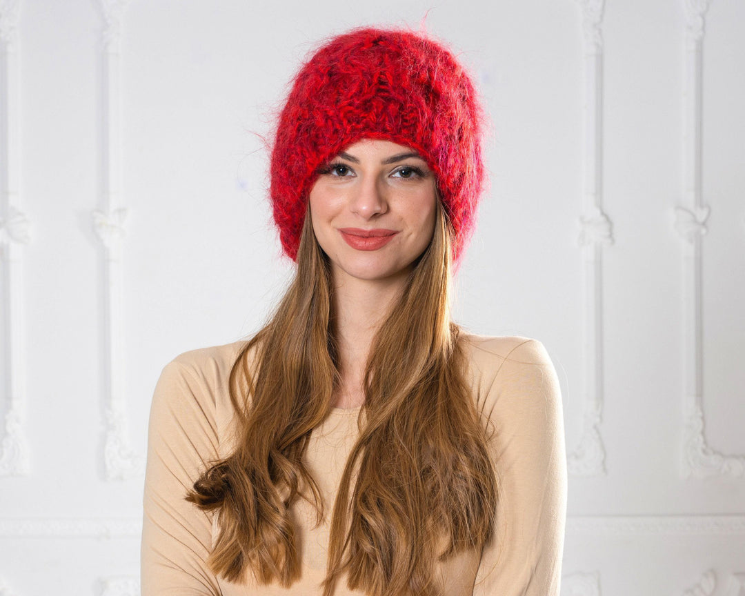 Red Melange Mohair Hat – Hand Knitted 4-Strand Cable Knit Fluffy Beanie T1003