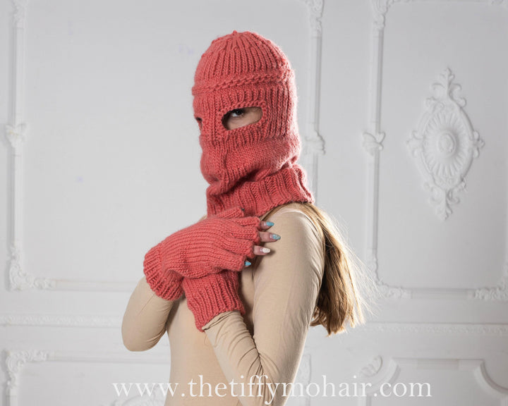 Pink Wool Balaclava – Hand Knitted Slouchy Wool Beanie Ski Mask T1007
