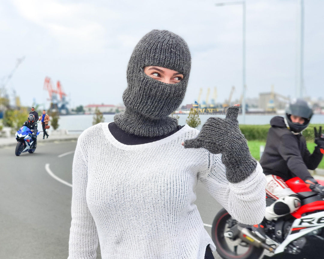 Gray Wool Balaclava – Hand Knitted Slouchy Beanie Ski Mask T930