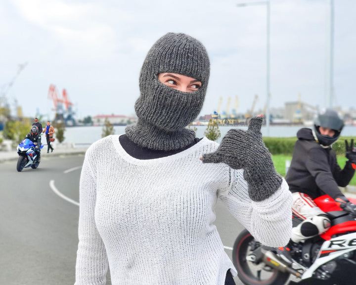 Gray Wool Balaclava – Hand Knitted Slouchy Beanie Ski Mask T930