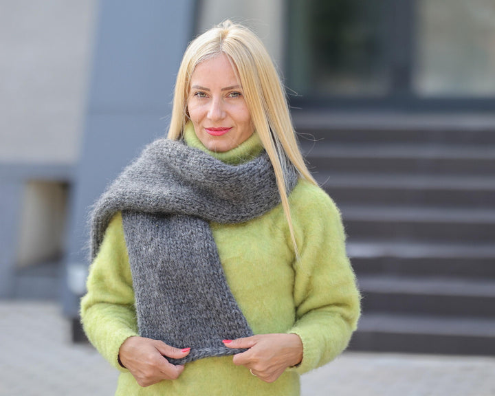 Gray Chunky Mohair Wool Scarf – Hand Knitted Long Wrap Shawl T1489