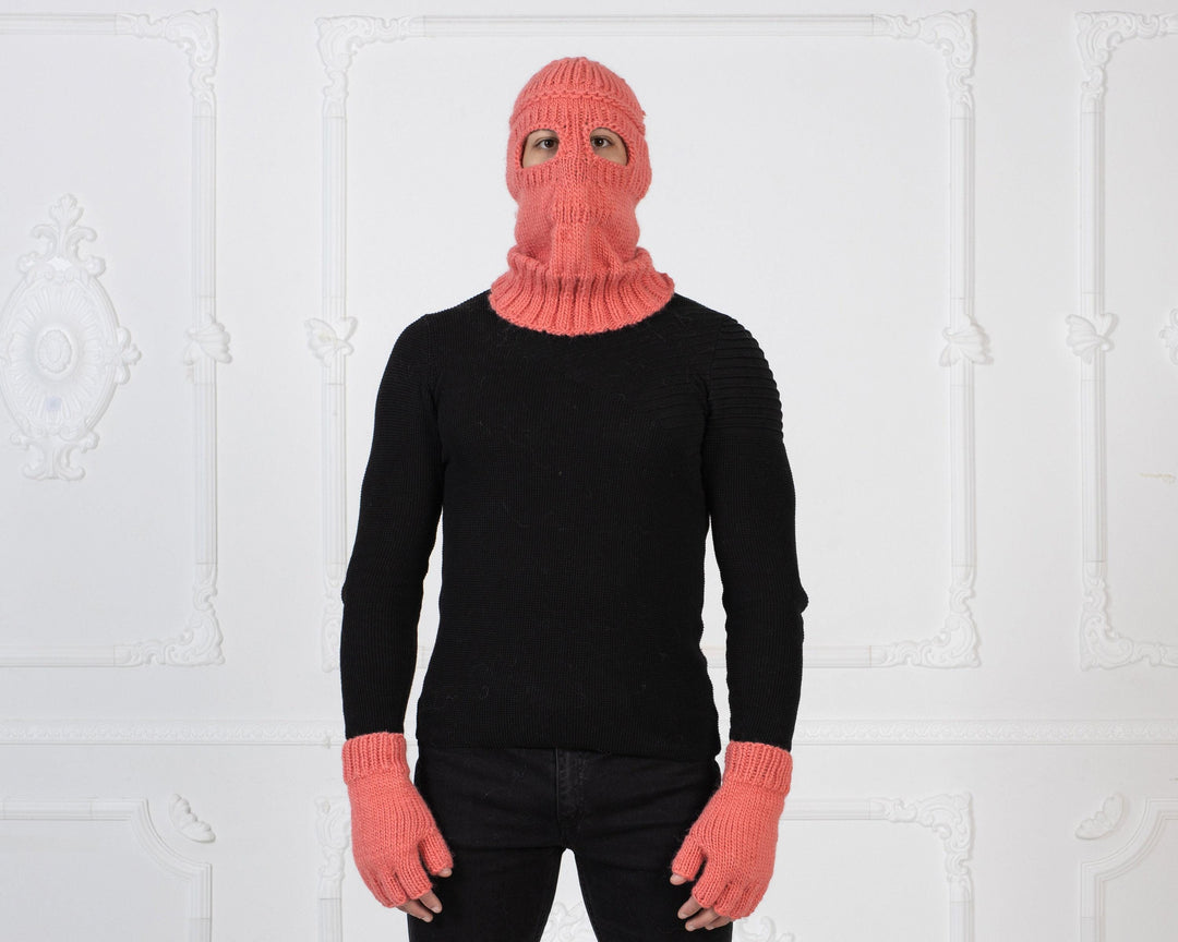 Pink Wool Balaclava – Hand Knitted Slouchy Wool Beanie Ski Mask T1007