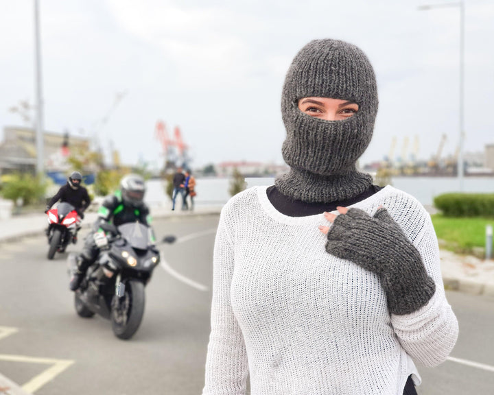Gray Wool Balaclava – Hand Knitted Slouchy Beanie Ski Mask T930