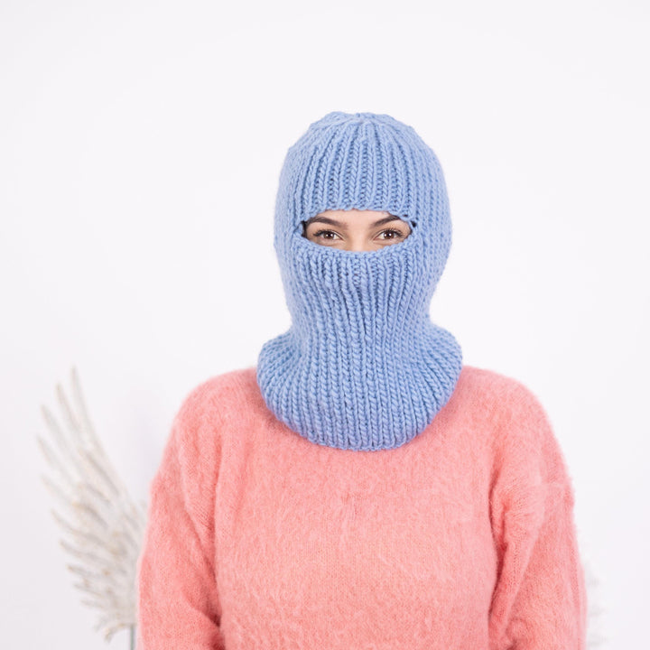 Blue Wool Balaclava – Hand Knitted Slouchy Beanie Ski Mask T1599