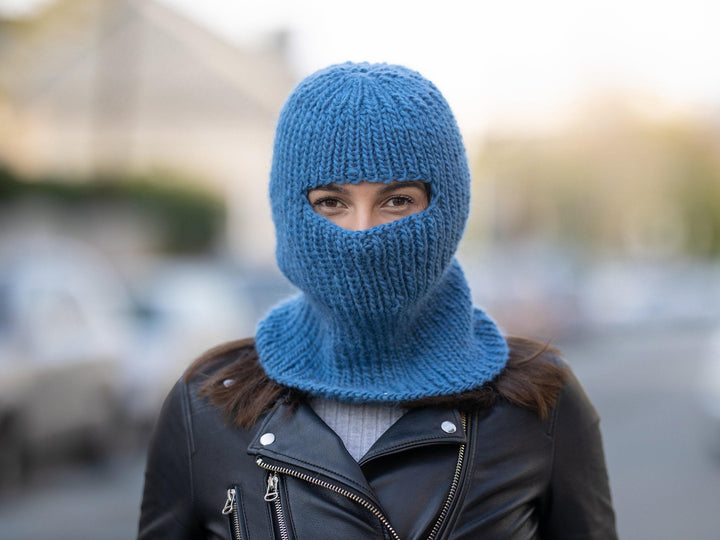 Blue Wool Balaclava – Hand Knitted Slouchy Beanie Ski Mask T1169