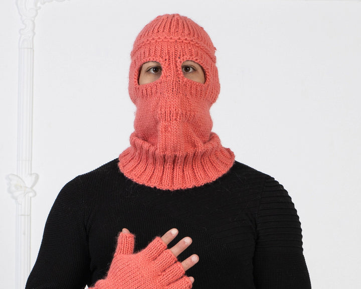 Pink Wool Balaclava – Hand Knitted Slouchy Wool Beanie Ski Mask T1007