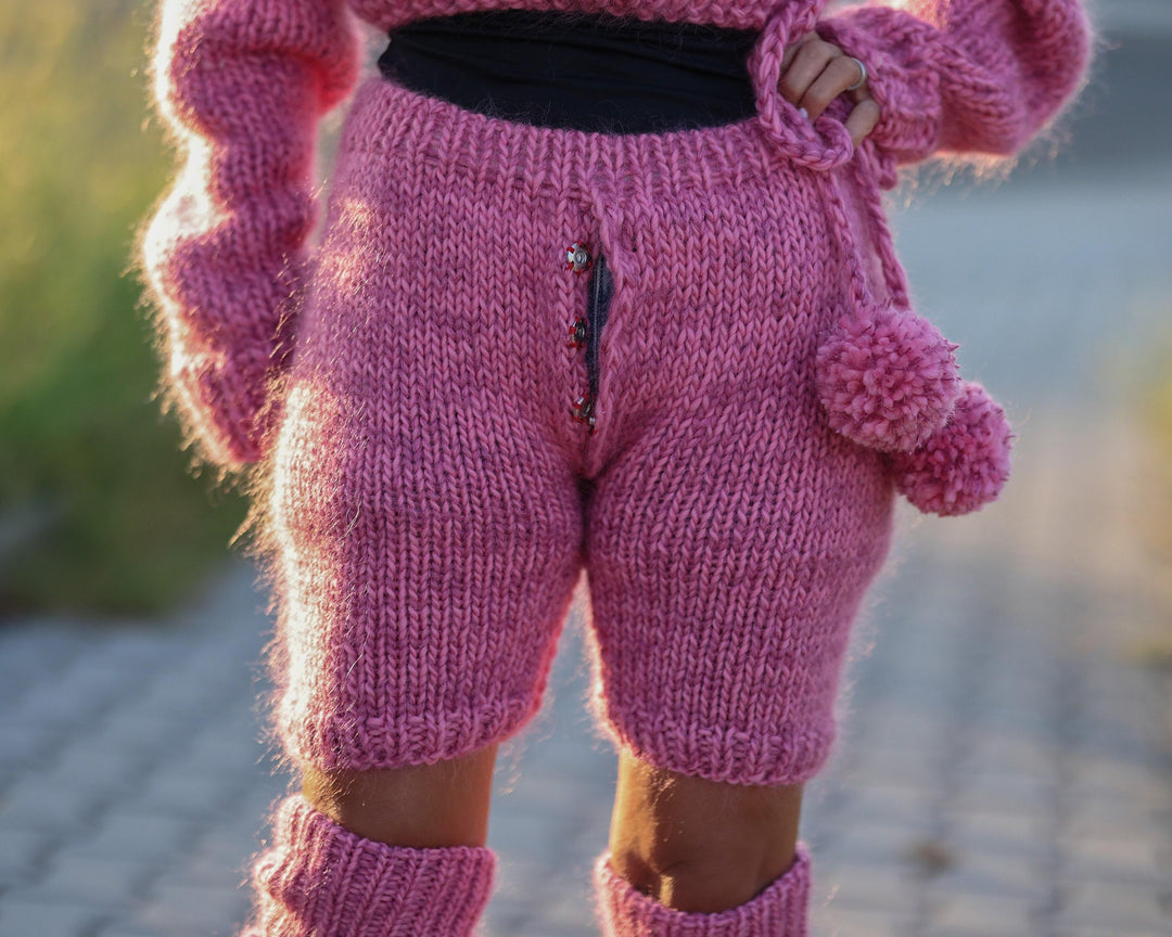 Cable Knit Wool and Mohair Shorts – Hand Knitted Textured Winter Shorts T1484