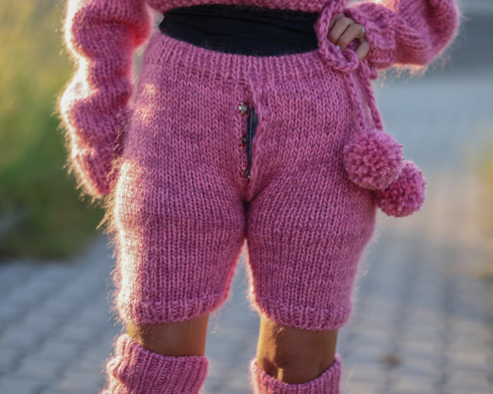 Cable Knit Wool and Mohair Shorts – Hand Knitted Textured Winter Shorts T1484