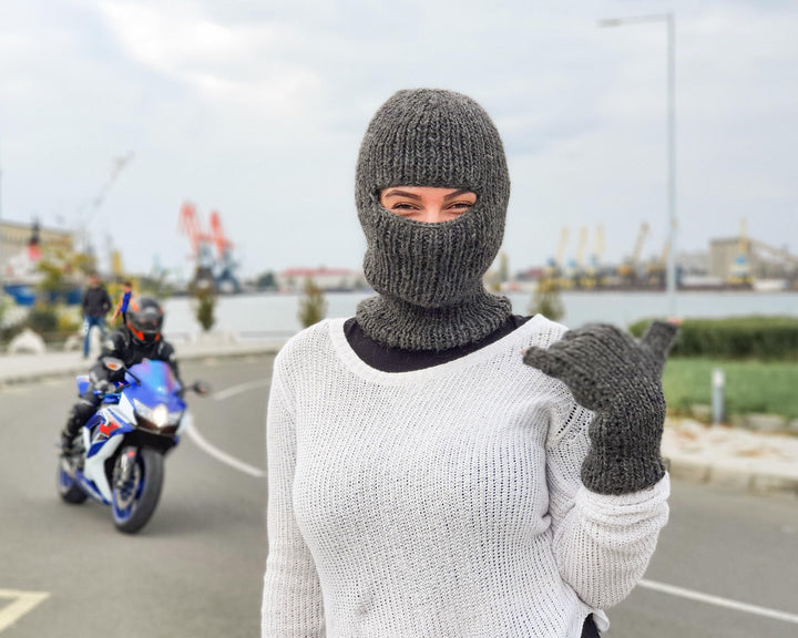Gray Wool Balaclava – Hand Knitted Slouchy Beanie Ski Mask T930