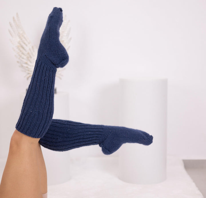 Blue Wool Socks – Hand Knitted Warm Winter Legwarmers, Soft Woolen Socks T1555