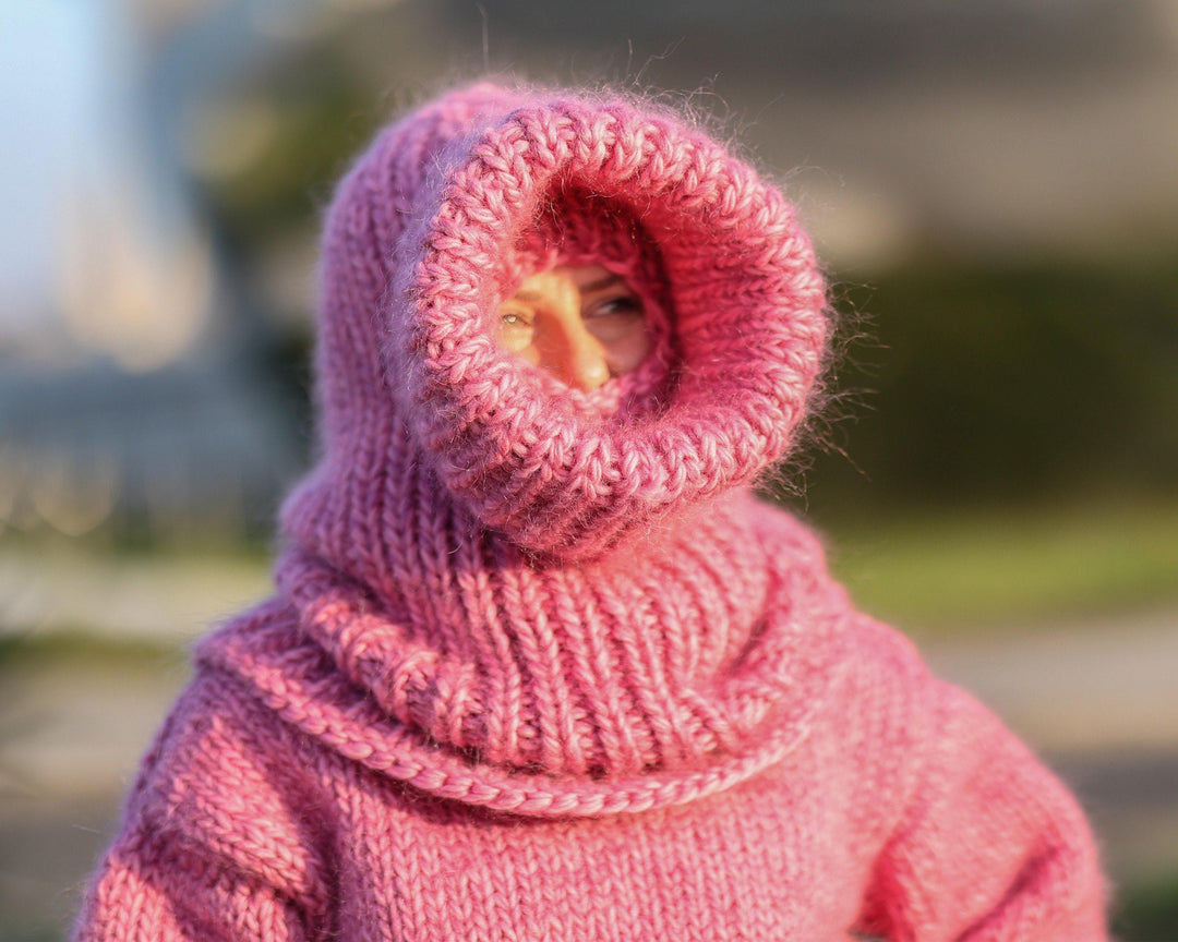 Mohair Wool Balaclava – Hand Knitted Chunky Winter Hood T1487