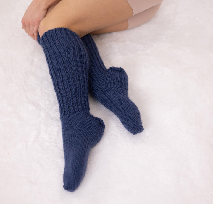 Blue Wool Socks – Hand Knitted Warm Winter Legwarmers, Soft Woolen Socks T1555