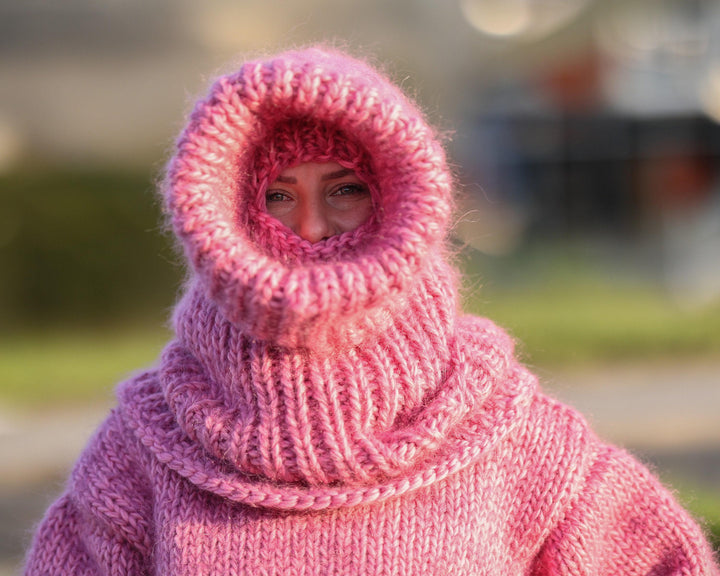 Mohair Wool Balaclava – Hand Knitted Chunky Winter Hood T1487