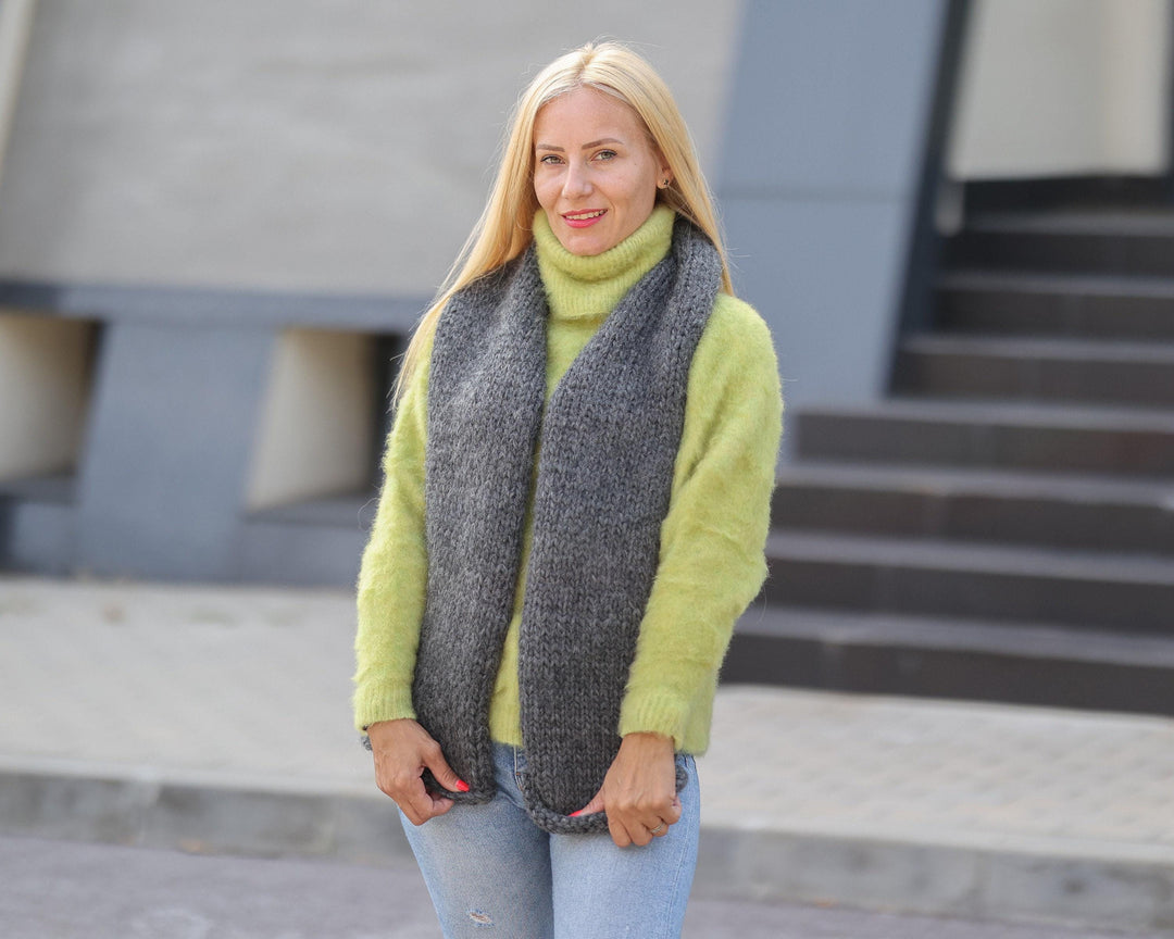 Gray Chunky Mohair Wool Scarf – Hand Knitted Long Wrap Shawl T1489