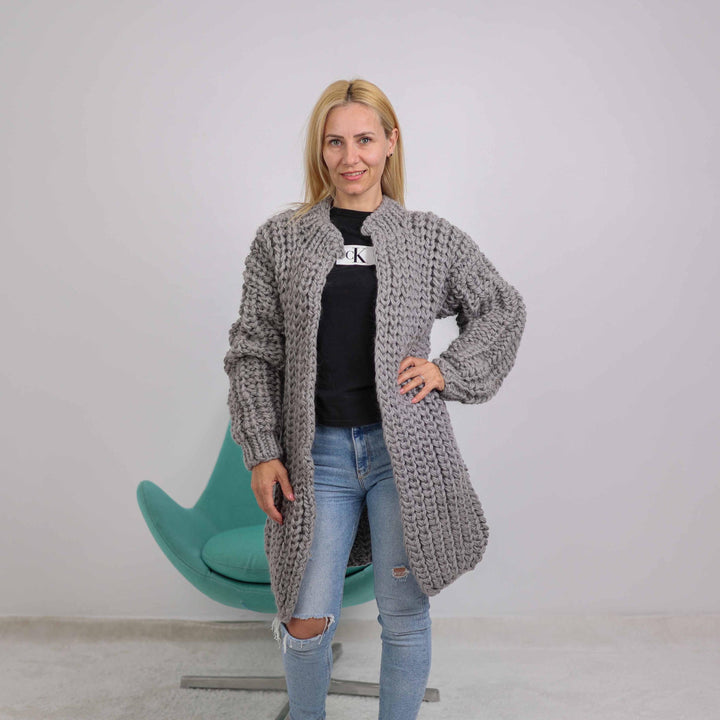 Chunky Wool Cardigan – Hand Knitted 100% Wool English Rib Coat T1890