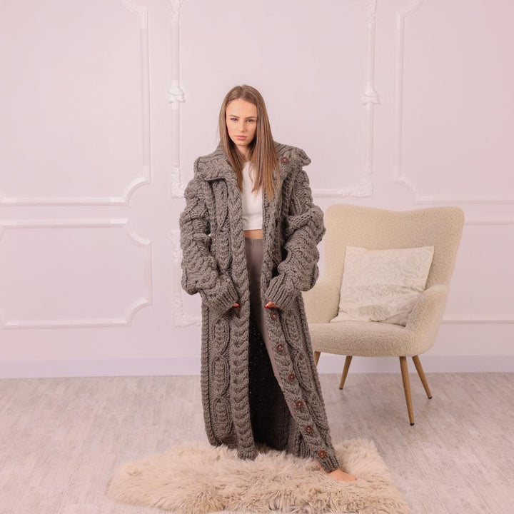 Long Wool Cable Knit Cardigan – Hand Knitted Chunky Buttoned Coat T2008