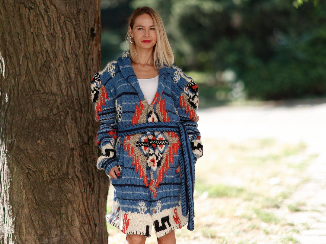 Wool Coat Cardigan – Hand Knitted 100% Wool Fashion Design T1091