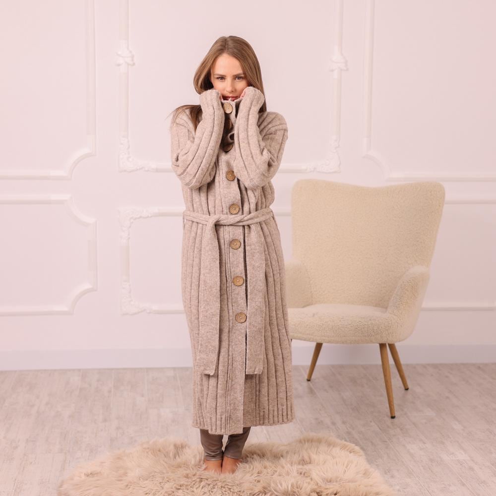 Beige Alpaca Wool Cardigan – Hand Knitted Long Ribbed Coat with Belt T2000