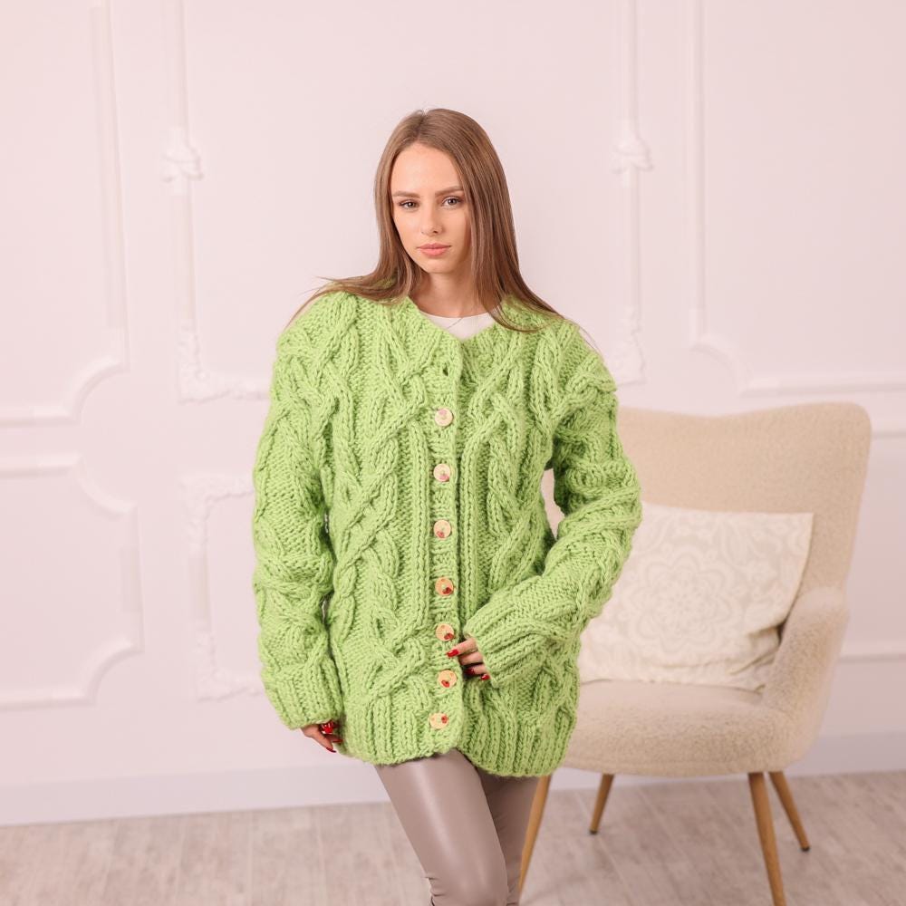 Green Wool Cardigan – Hand Knitted 2-Strand Chunky Cable Knit Sweater T2007