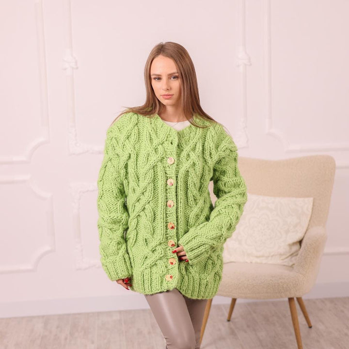 Green Wool Cardigan – Hand Knitted 2-Strand Chunky Cable Knit Sweater T2007