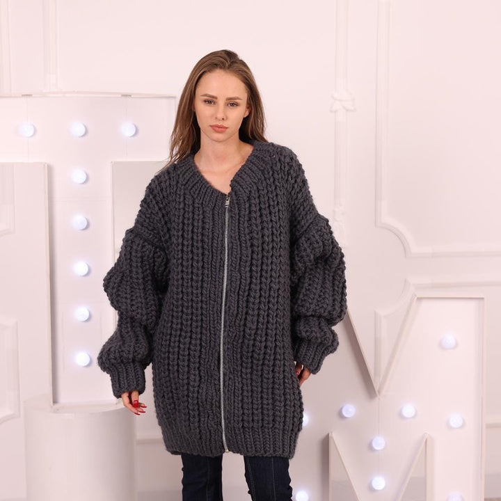 Chunky Wool Cardigan – Hand Knitted English Rib Zip Jacket T2031