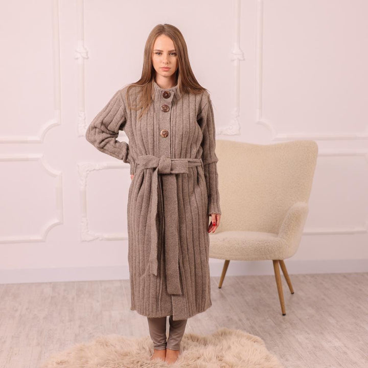 Long Yak Wool Cardigan – Hand Knitted Ribbed Belted Coat with Buttons T1999