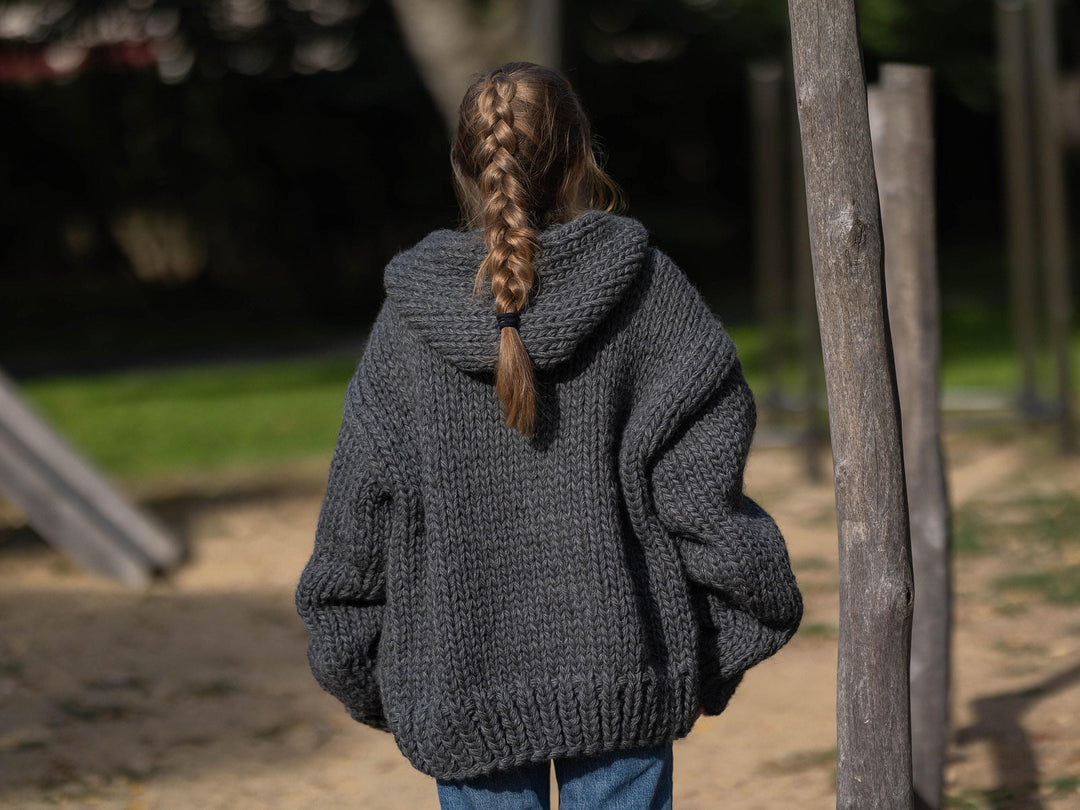 Chunky Wool Cardigan – Hand Knitted Fully Zipped Jacket T1286