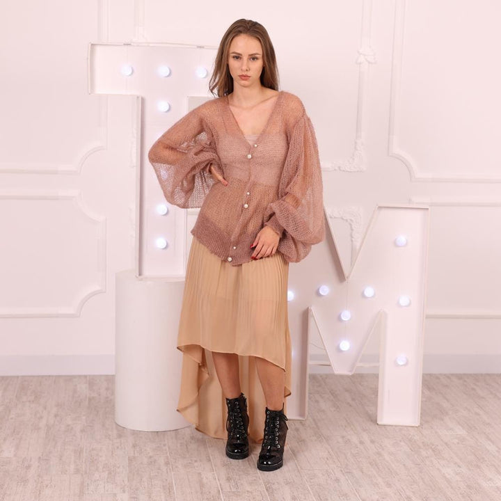 Alpaca Merino Cardigan – Hand Knitted Lightweight Transparent Sweater T2030