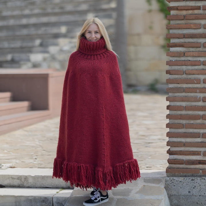 Red Wool Poncho – Hand Knitted Chunky Cape with Turtleneck and Fringe T1867
