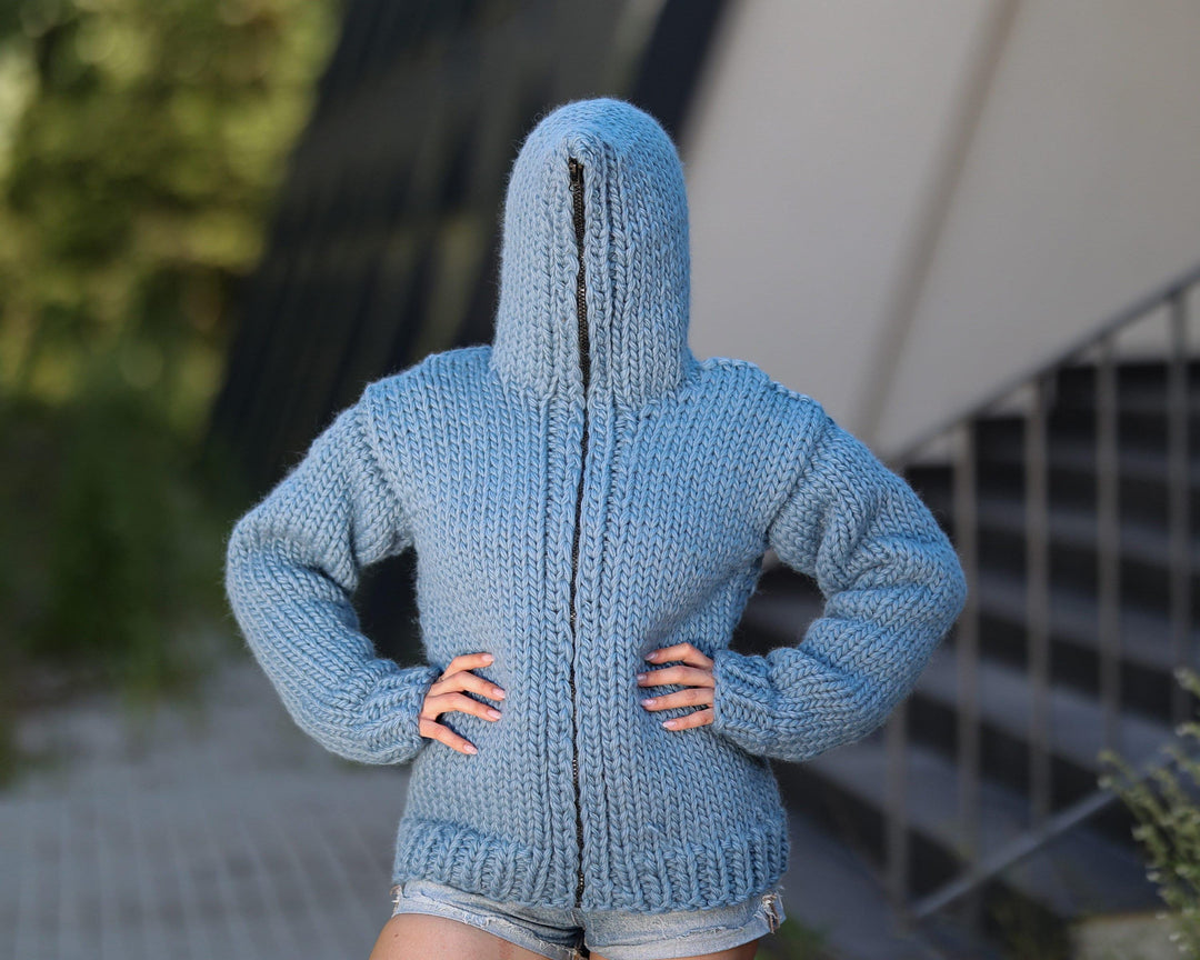 Chunky Wool Cardigan – Hand Knitted Fully Zipped Jacket T1444