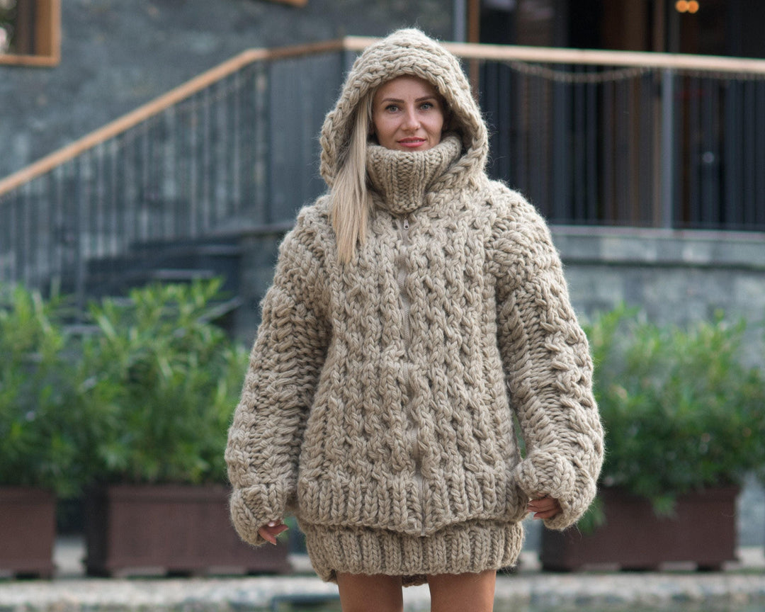 Chunky Wool Cardigan – Hand Knitted 100% Wool Honeycomb Aran Coat T805W