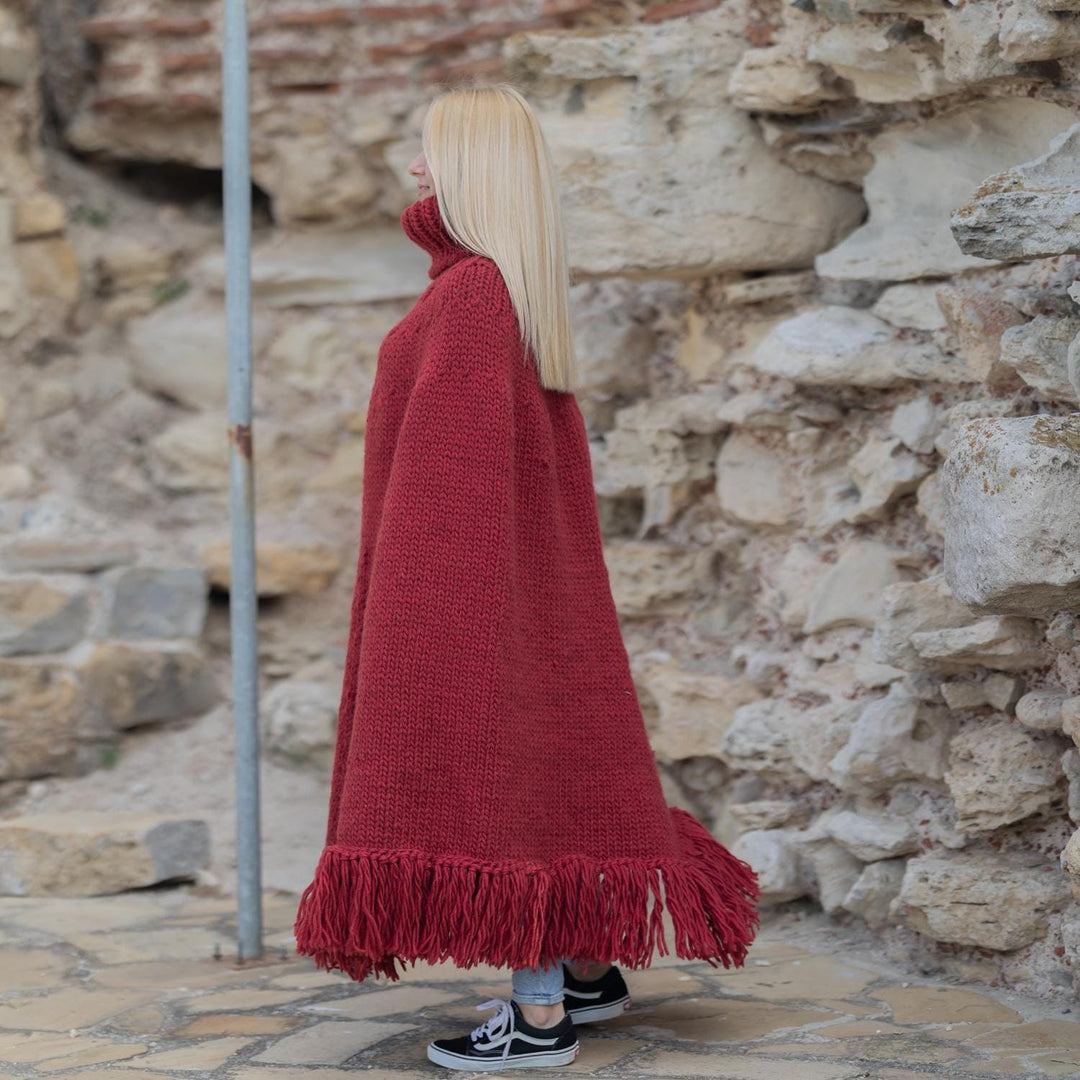 Red Wool Poncho – Hand Knitted Chunky Cape with Turtleneck and Fringe T1867