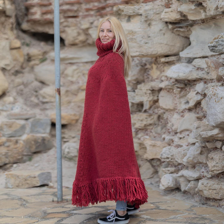Red Wool Poncho – Hand Knitted Chunky Cape with Turtleneck and Fringe T1867