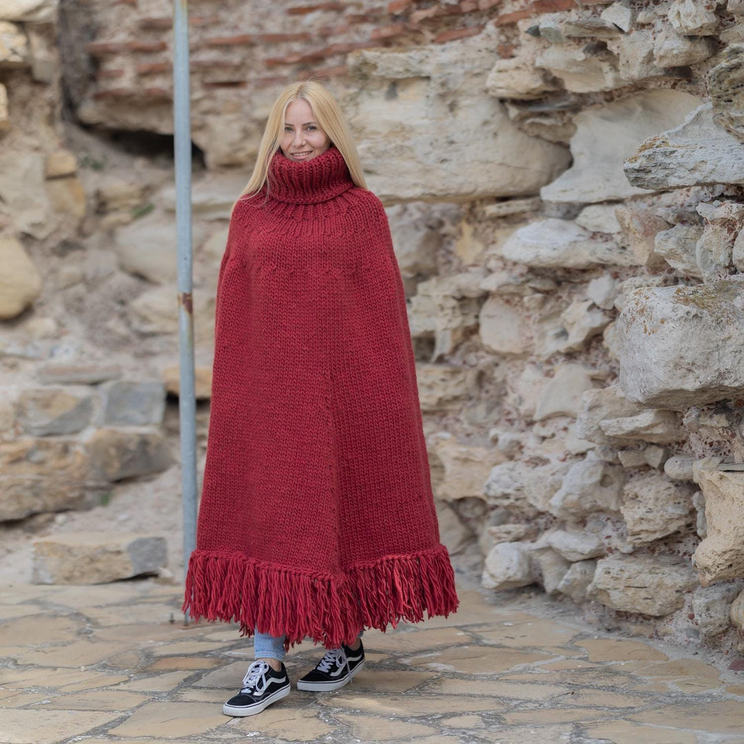 Red Wool Poncho – Hand Knitted Chunky Cape with Turtleneck and Fringe T1867