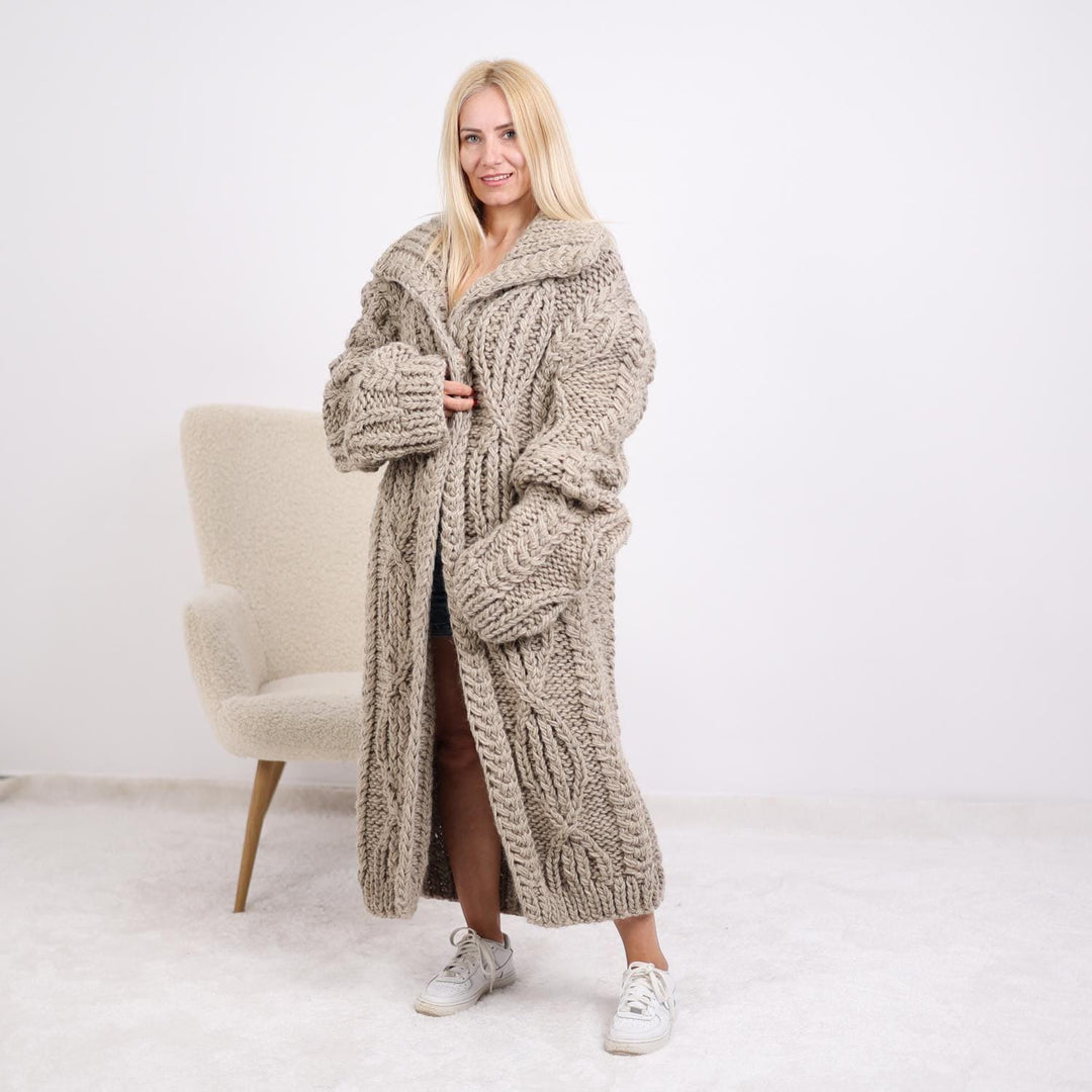 Chunky Cable Knit Cardigan – 100% Wool Hand Knitted Long Coat T1891