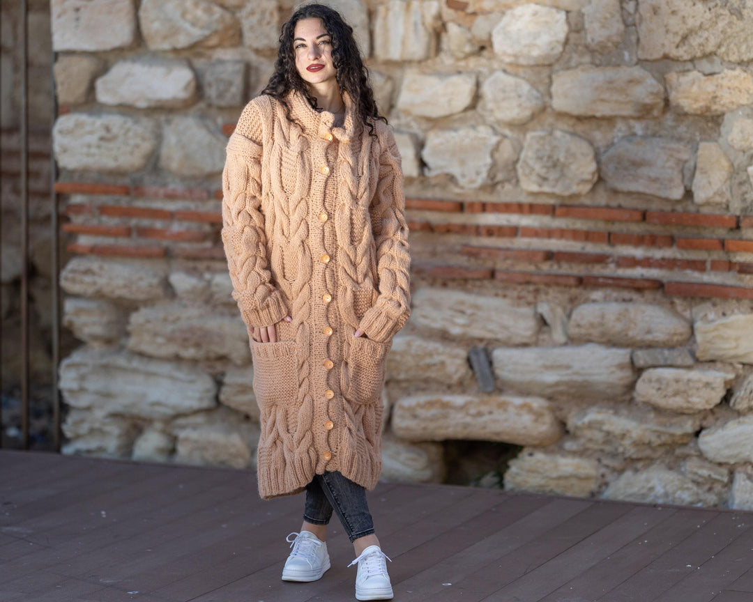 Beige Baby Alpaca Cardigan – Hand Knitted Long Extra Soft Maxi Coat T1413