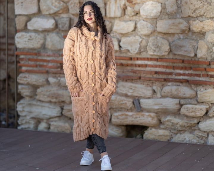 Beige Baby Alpaca Cardigan – Hand Knitted Long Extra Soft Maxi Coat T1413