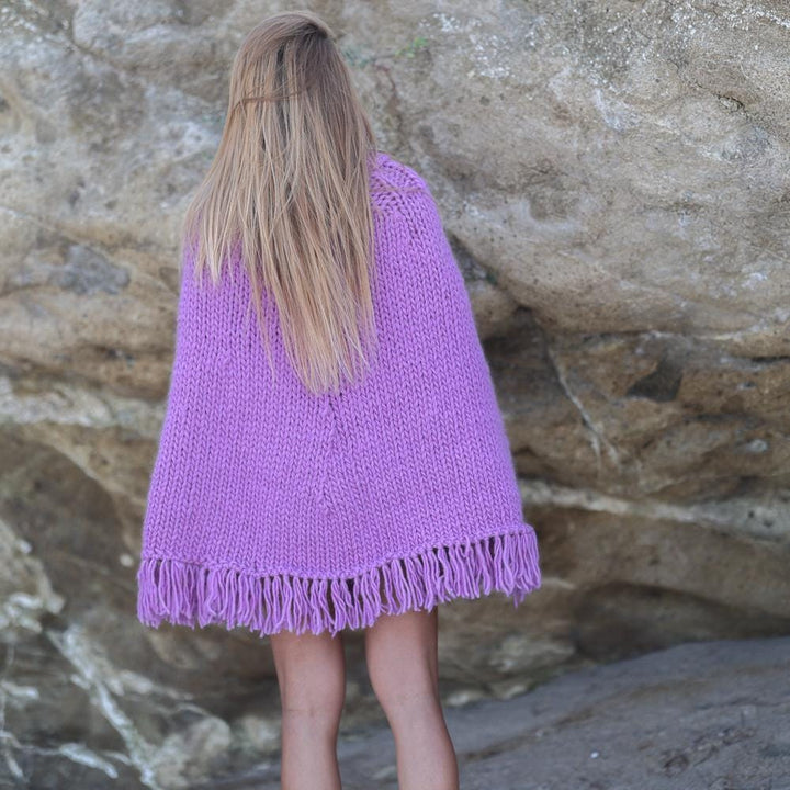 Purple Wool Poncho – Hand Knitted Chunky Cape with Turtleneck and Fringes T1943