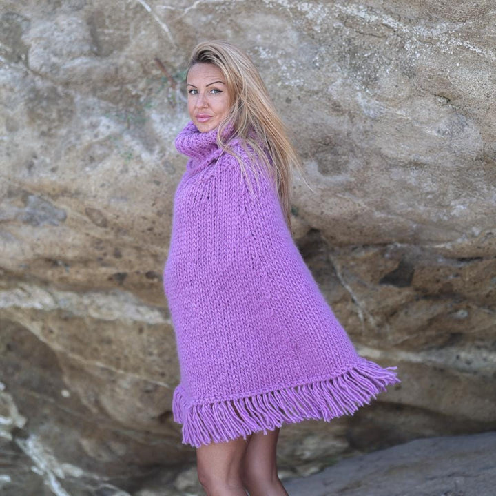 Purple Wool Poncho – Hand Knitted Chunky Cape with Turtleneck and Fringes T1943