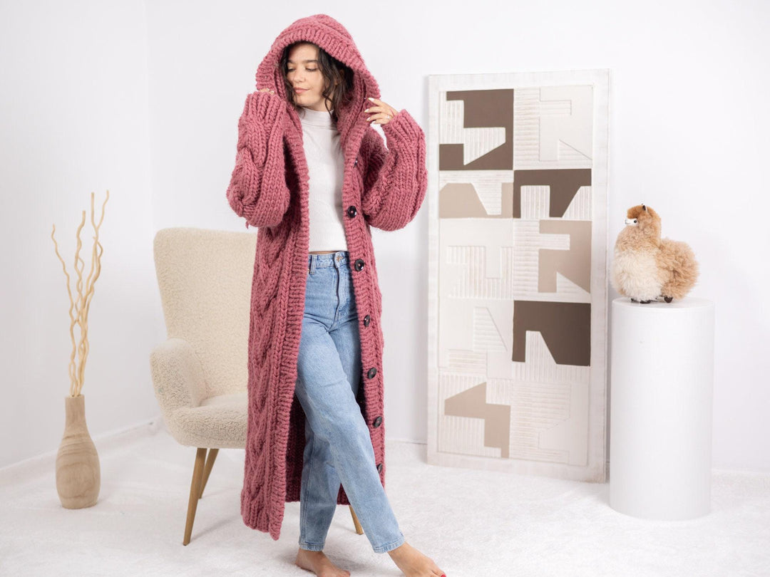 Pink Wool Cardigan – Hand Knitted Cable Knit Sweater T1687