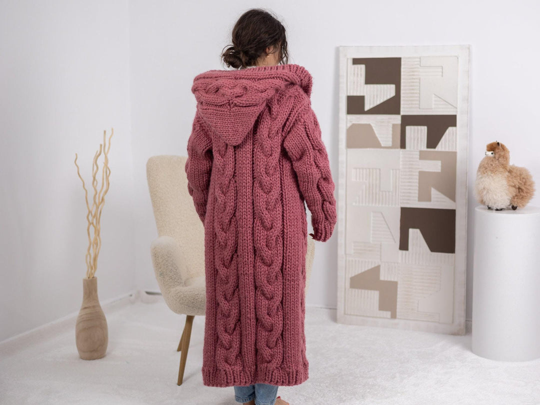 Pink Wool Cardigan – Hand Knitted Cable Knit Sweater T1687