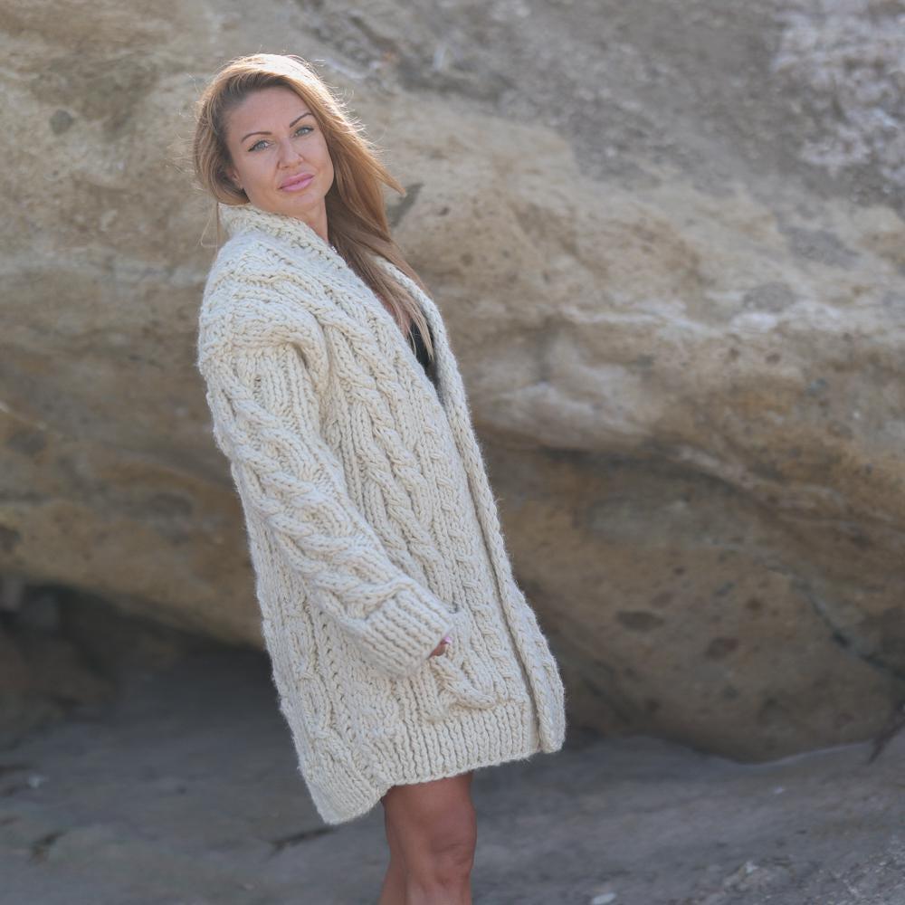 Chunky Wool Cardigan – Hand Knitted Cable Knit Sweater Jacket T1929