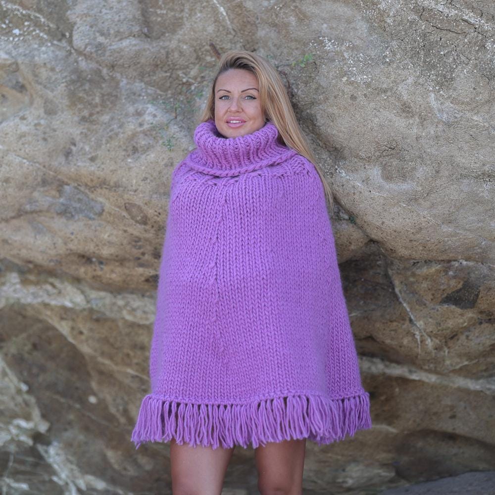 Purple Wool Poncho – Hand Knitted Chunky Cape with Turtleneck and Fringes T1943