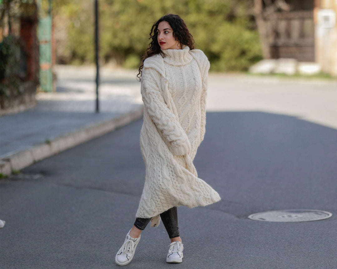 Cream Baby Alpaca Cardigan – Hand Knitted Long Extra Soft Maxi Coat T1386